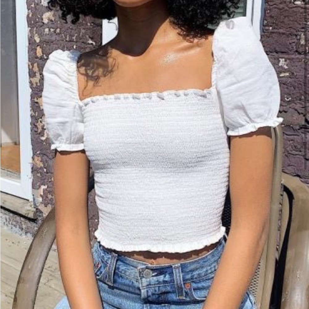 Urban Outfitters White Puff Sleeve Smocked Blouse